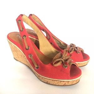 Sperry Spring Bright Coral Red Canvas Cork Wedge